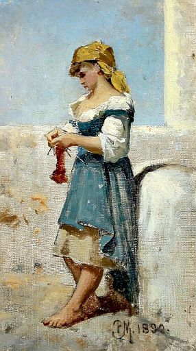 A Girl Knitting on a Sunlit Balcony (1890)